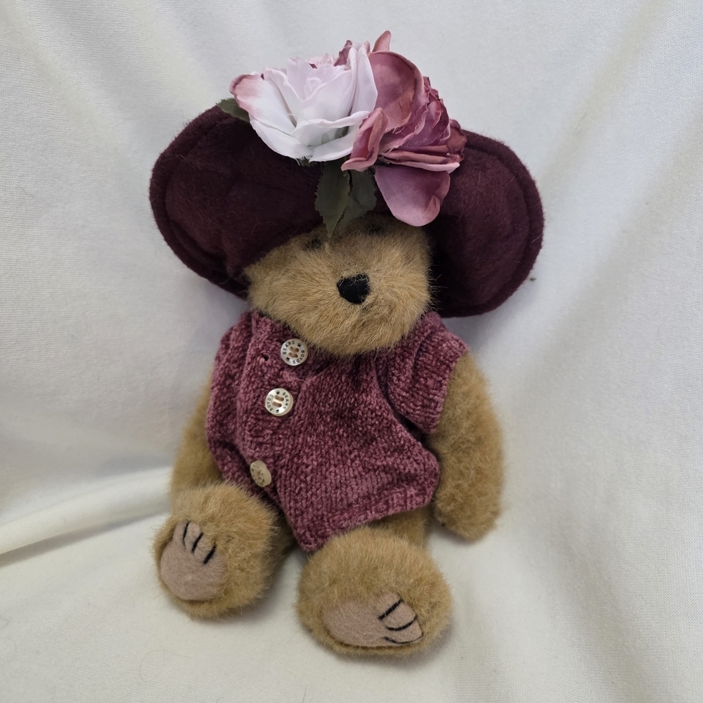 Vintage Boyds Bear Plush - Plum Knit Vest & Floral Hat - 1988-2001 Collectible